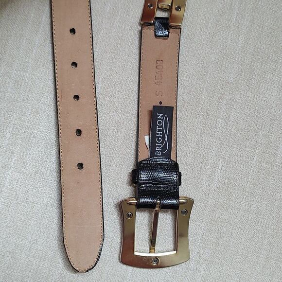 Brighton Black Snake Embossed Leather Belt Gold & Silver Buckle Loop & Links - Picture 6 of 11